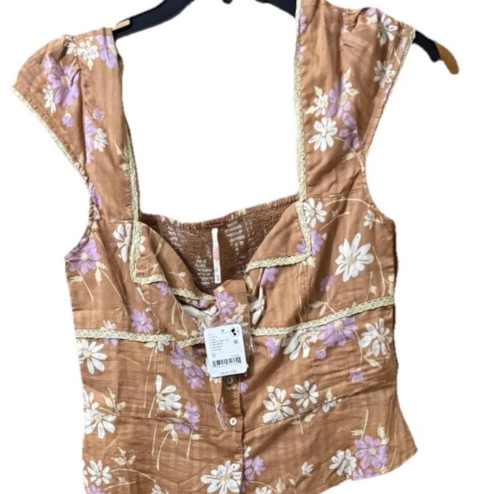 NWT Free People Cap Sleeve Button-Up Floral Top Women SZ M Boho Hippie Festive